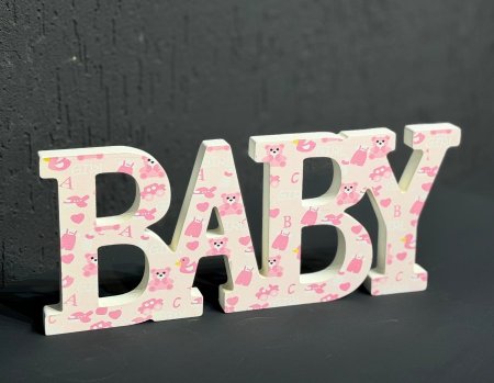 قطعة خشب تزيين كلمة BABY زهري ( عرض 35 سم * ارتفاع 14.5 سم )
