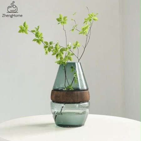فازة زجاج مع خشب ( عرض 15 سم - ارتفاع 25 سم )